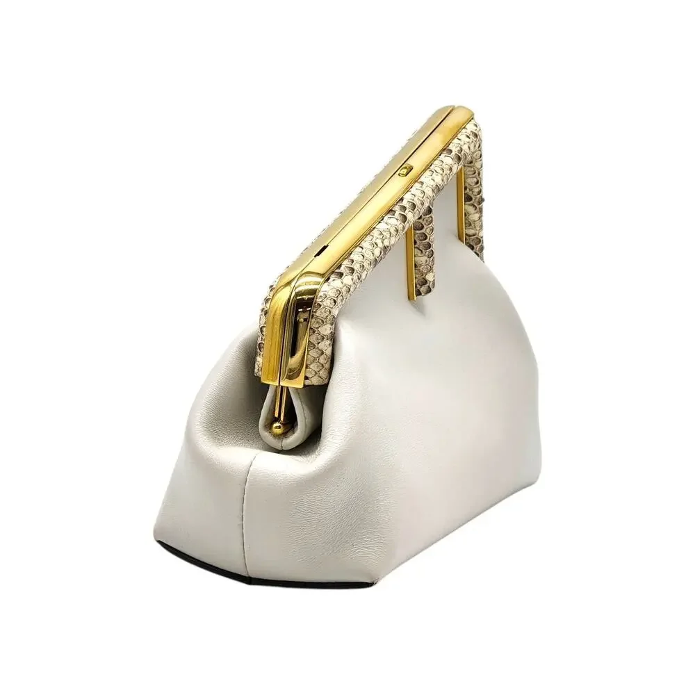 Fendi First Small White Leather Clutch Bag with Python Trim Gold Hardware - Picture 2 of 15